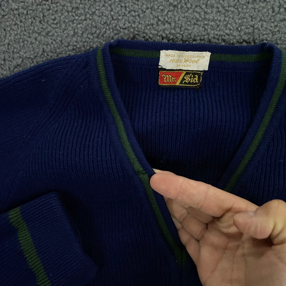 True Vintage 50s 60s Mr. Sid Sweater FITS Men Small Ribbed Knit Wool V-Neck Blue - Picture 5 of 16